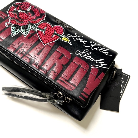NWT Ed Hardy Love Kills Slowly Clutch Crossbody Bag Tattoo Rose Studded Black - Picture 1 of 9